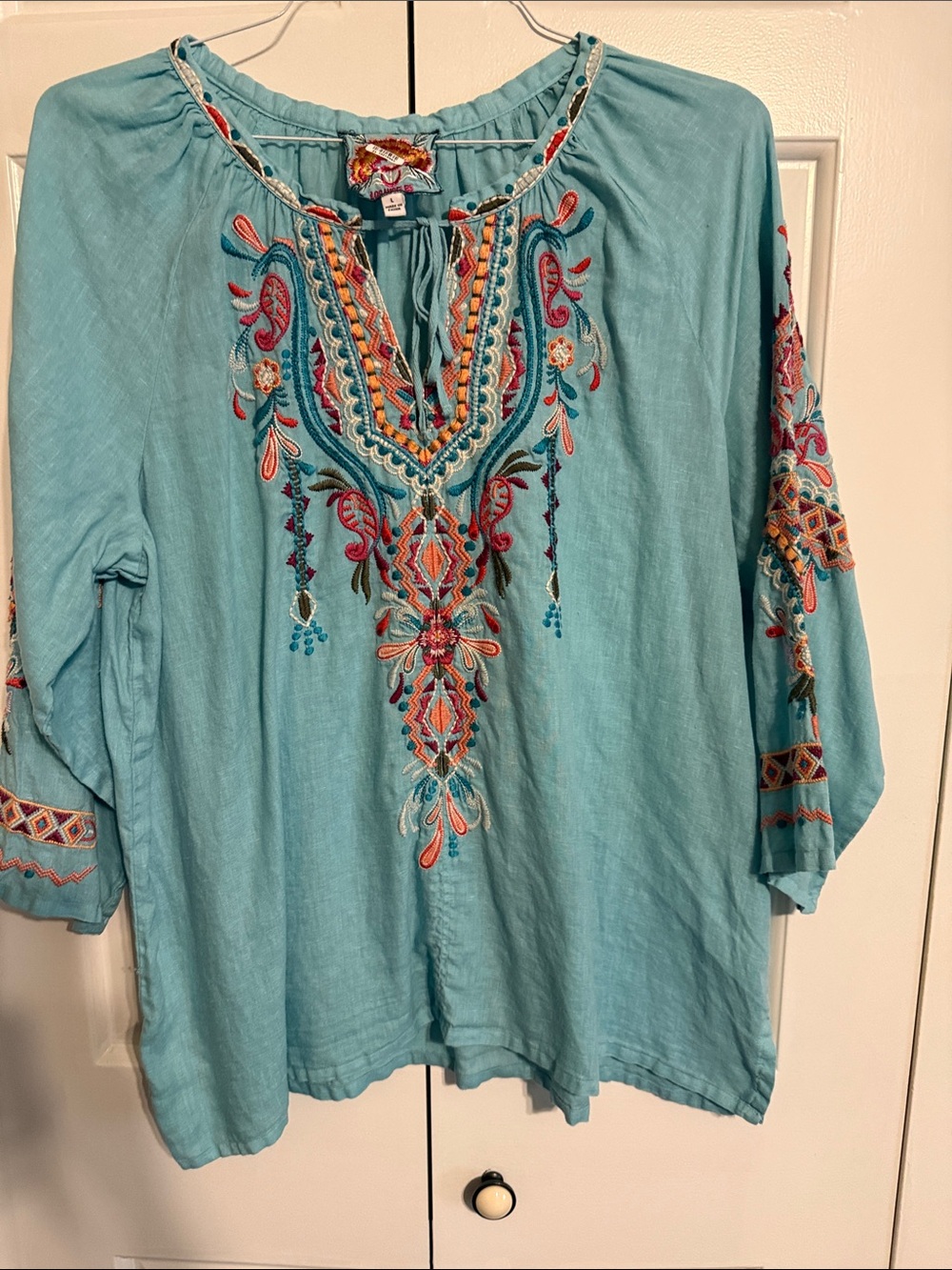 Johnny Was Teal Embroidered V-Neck Tunic
